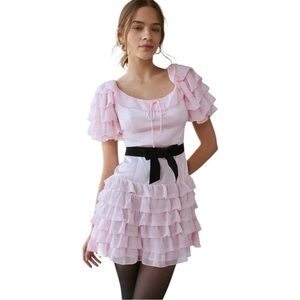 For Love & Lemons Danali Ruffle Pink Ruffle Mini Dress with Black bow